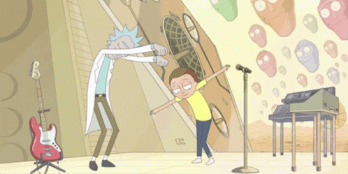 rick and morty are dancing in front of a microphone in a cartoon