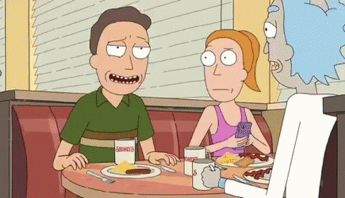 Rick And Morty Are Sitting At A Diner Table With A Woman GIF