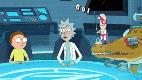 Rick And Morty Are Sitting At A Table With A Cartoon Character Holding A Mop That Says " Gol " GIF