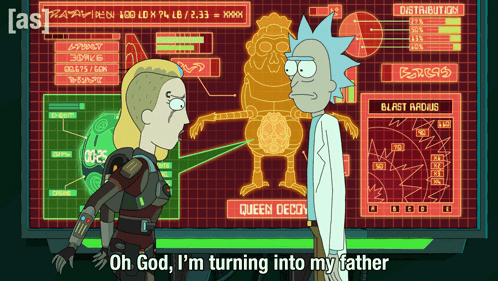 Rick And Morty Are Standing In Front Of A Screen That Says Queen Decoy GIF