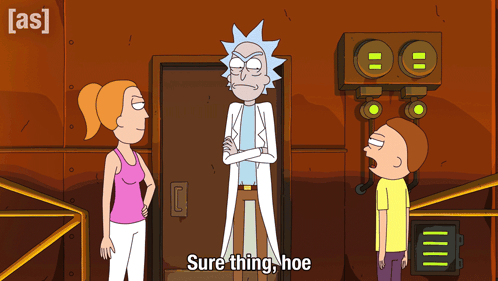 Rick And Morty Are Standing Next To Each Other And They Say Sure Thing Hoe GIF