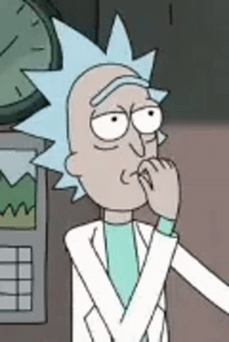 Rick and Morty Character Holding Hand to Mouth in Front of Clock