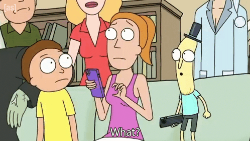 Rick and Morty Characters Around Woman Asking What