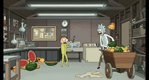 Rick and Morty in Kitchen With Watermelons