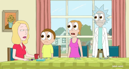 Rick and Morty Sitting at Table With Woman