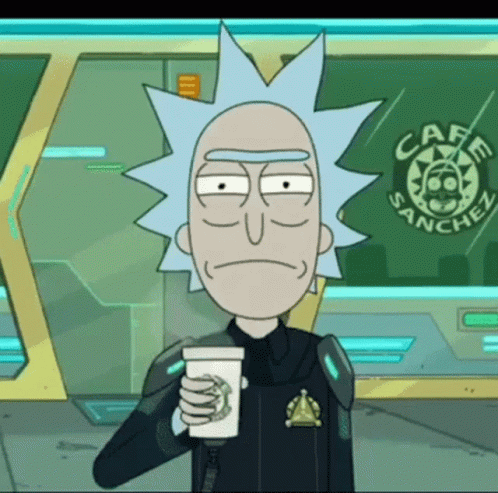 Rick From Rick and Morty Holding Coffee in Front of Cafe Sanchez Sign