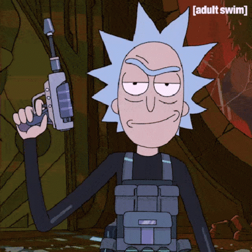 Rick From Rick and Morty Holding Gun Says Adult Swim