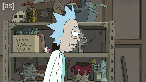 Rick From Rick And Morty Is Standing In Front Of A Shelf Full Of Time Travel Stuff GIF
