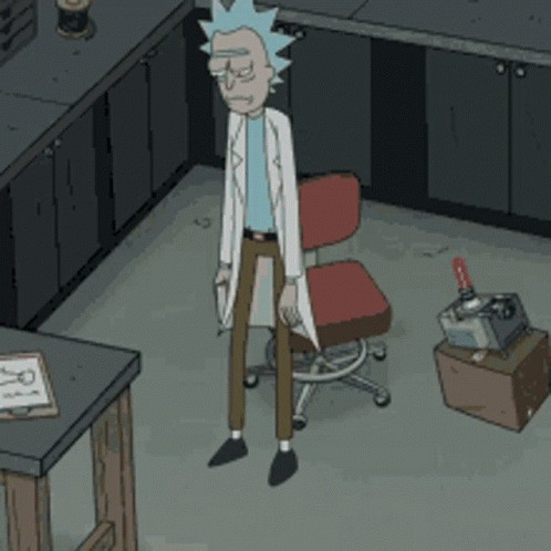 Rick From Rick and Morty Sitting in Chair Holding Gun