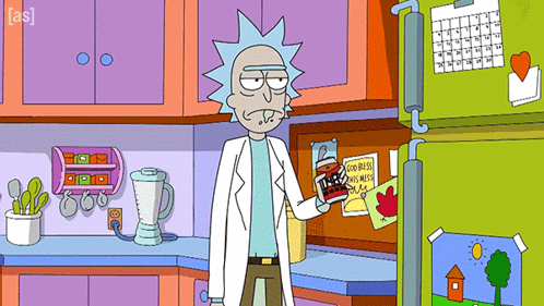 Rick From Rick and Morty Standing in Kitchen Holding Bottle