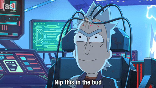Rick From Rick and Morty Wires Coming Out of Head Saying Nip This in the Bud