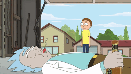 Rick Lying on Ground with Morty Standing
