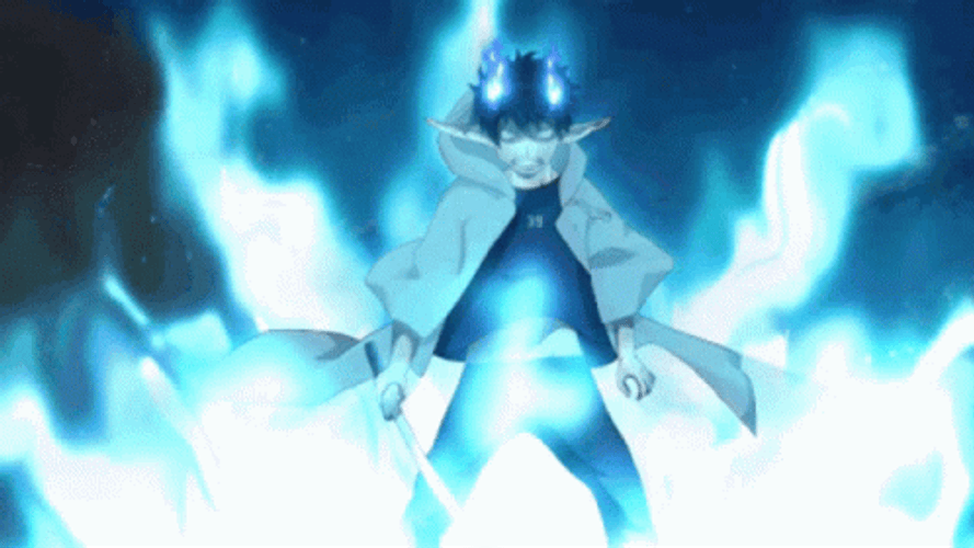 Rin Okumura Releasing Blue Flames In Anime GIF
