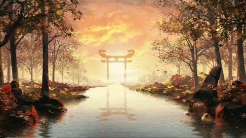 River Surrounded By Trees And Torii Gate GIF