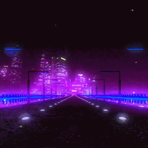 Road with Purple Lights Leading to City