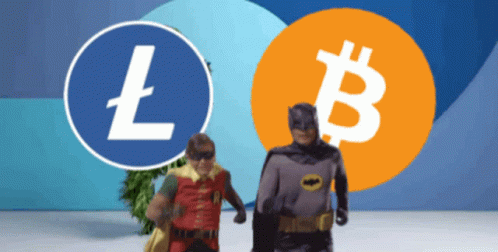 Robin and Batman Walking Bitcoin Litecoin Symbol