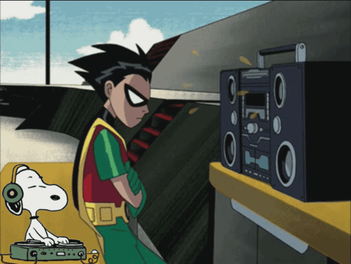 Robin And Snoopy Listening To Music On Radio GIF