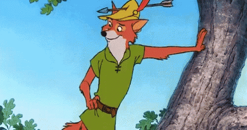 Robin Hood Is Leaning Against A Tree While Wearing A Hat And Holding An Arrow . GIF