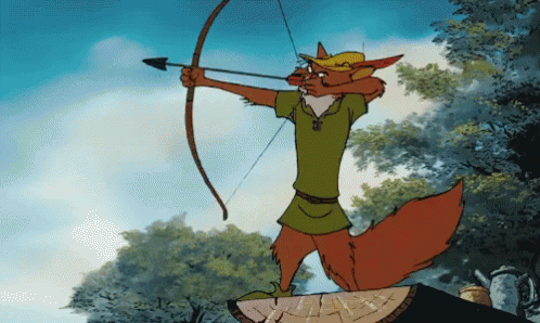 Robin Hood Is Standing On A Tree Stump With A Bow And Arrow In His Hand GIF