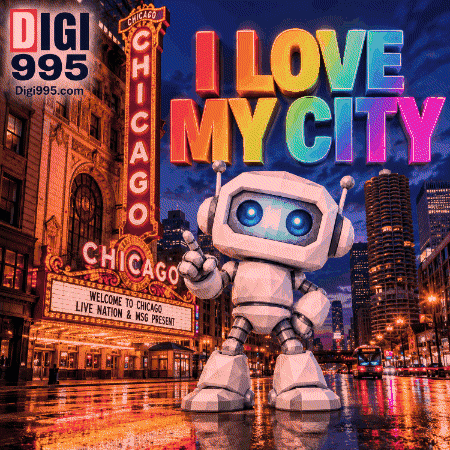 Robot at Chicago Sign Saying I Love My City