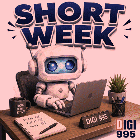 Robot at Desk With Laptop and Digi 995 Sign