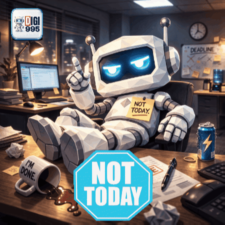 Robot at Desk With Not Today Sticky Note