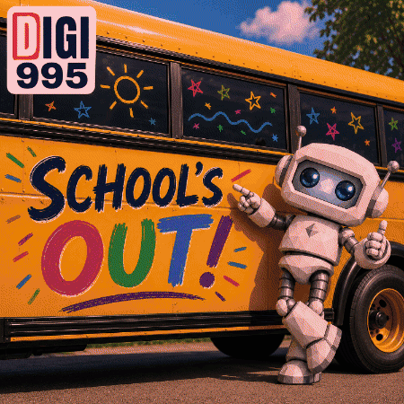 Robot at School Bus Saying School's Out