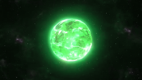 Robot Before Green Glowing Sphere In Space GIF