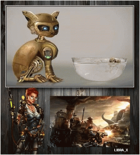 Robot Cat Beside Woman With Gun libra_x