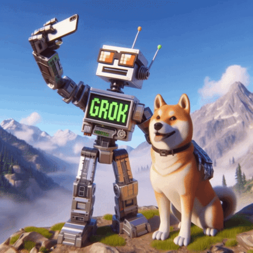 Robot Grok Taking Selfie Next To Dog GIF