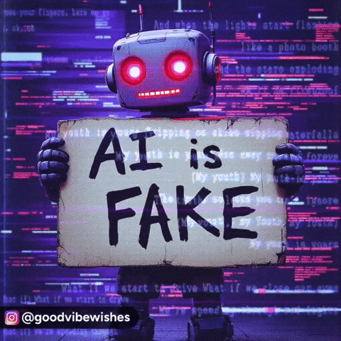 Robot Holding Ai Is Fake Sign
