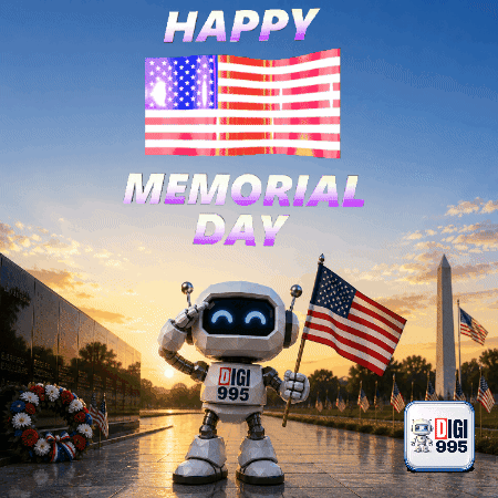 Robot Holding American Flag Happy Memorial Day