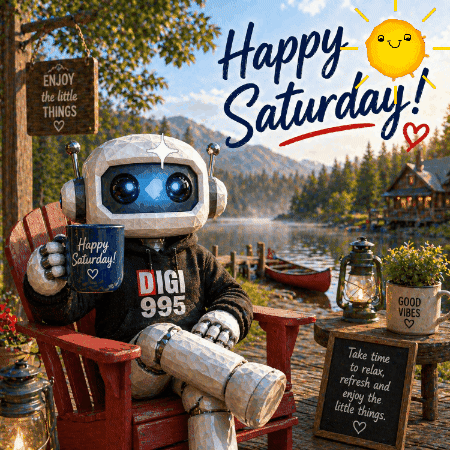 Robot Holding Coffee And Enjoy The Little Things Sign GIF