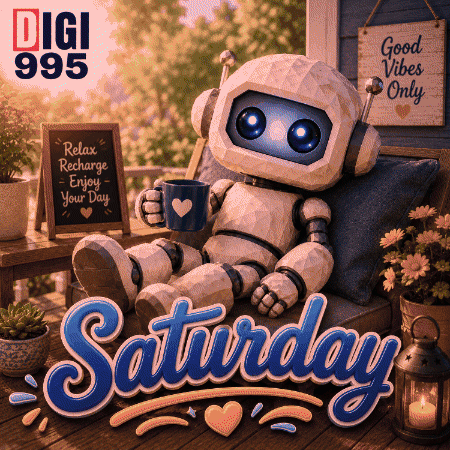 Robot Holding Coffee and Good Vibes Only Sign