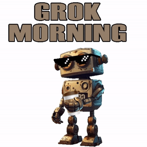 Robot Holding Coffee Saying Grok Morning GIF