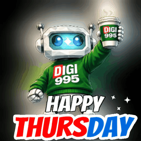 Robot Holding Coffee Saying Happy Thursday