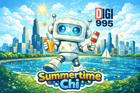 Robot Holding Drink and Ice Cream Cone Summertime Chi