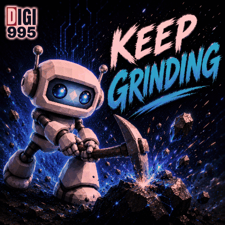 Robot Holding Pickaxe In Front Of Keep Grinding Sign GIF
