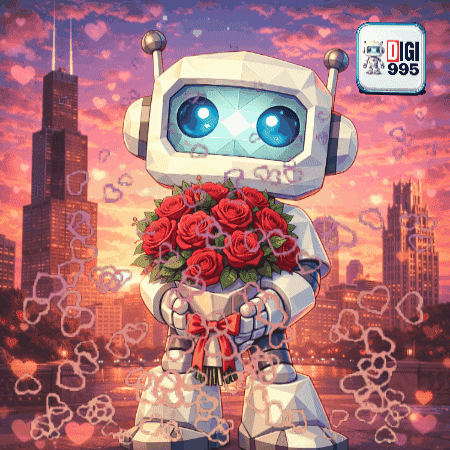 Robot Holding Red Roses GIF
