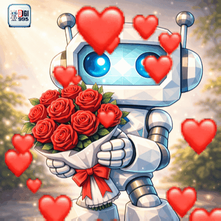 Robot Holding Red Roses With Hearts