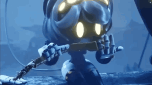 Robot Holding Sword in Dark Room
