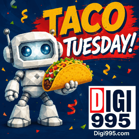 Robot Holding Taco in Front of Taco Tuesday Sign