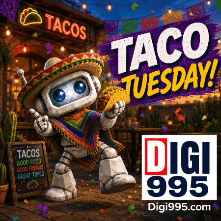 Robot Holding Taco in Front of Tacos Restaurant