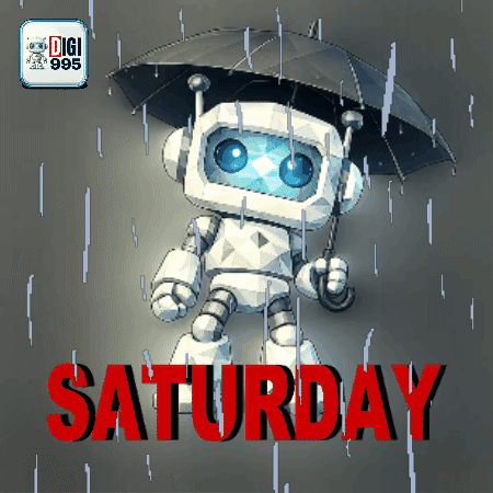 Robot Holding Umbrella Saying Saturday in Red