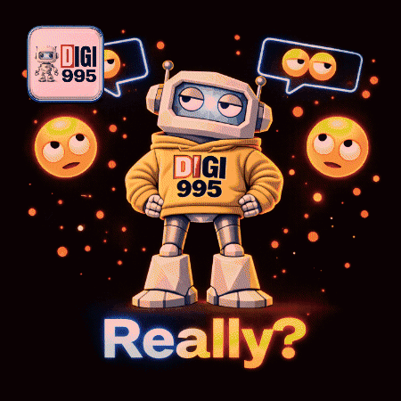Robot in Digi 995 Hoodie Surrounded by Emojis