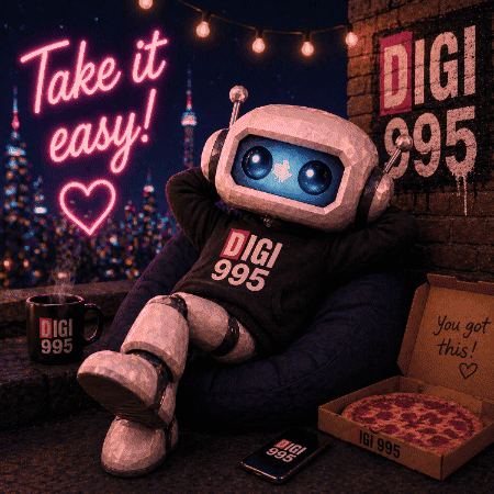 Robot in Digi 995 Shirt Next to Pizza and Mug