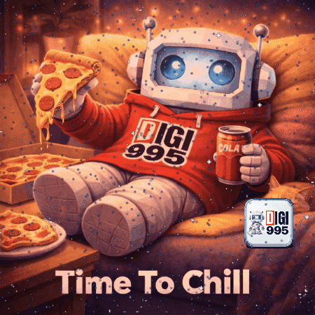 Robot in Digi 995 Sweatshirt Eating Pizza