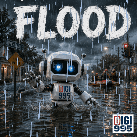 Robot in Flooded Street with Flood Text
