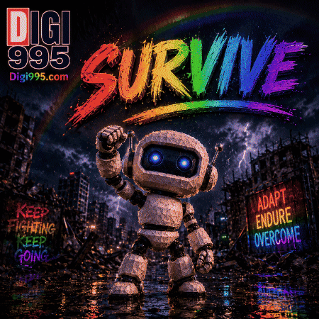 Robot in Front of Digi 995 Logo