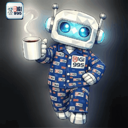 Robot In Pajamas Holding Coffee With Digi 995 GIF